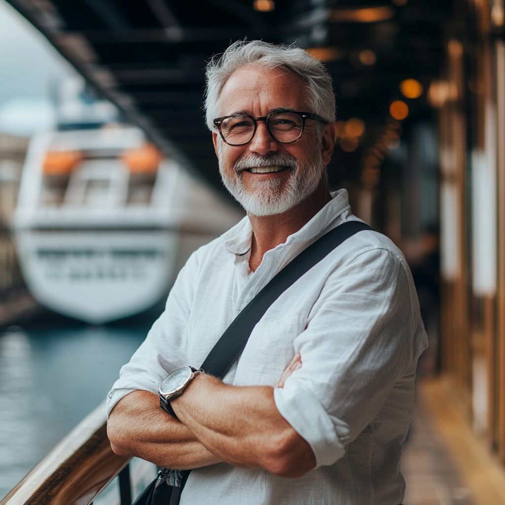 A happy man on a cruise ship | Source: Midjourney