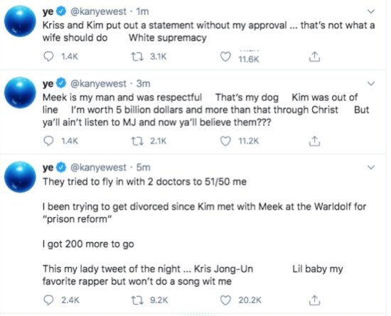 Photo of deleted tweets from Kanye West's Twitter account | Photo: Twitter/kanyewest 