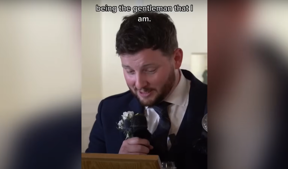 Ian Young with his eyes downcast during his wedding speech | Source: YouTube / Daily Record