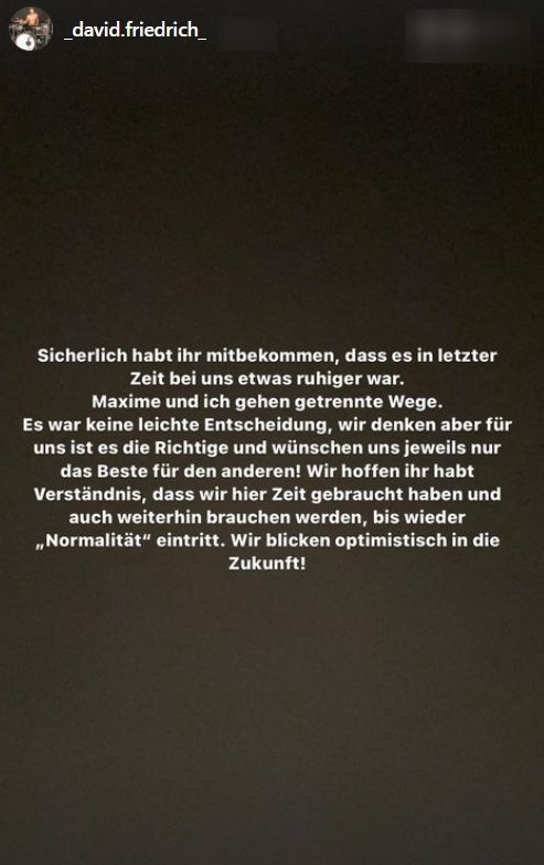 David Friedrichs Bestätigung der Trennung mit Maxime. I Quelle: instagram.com/david.friedrich