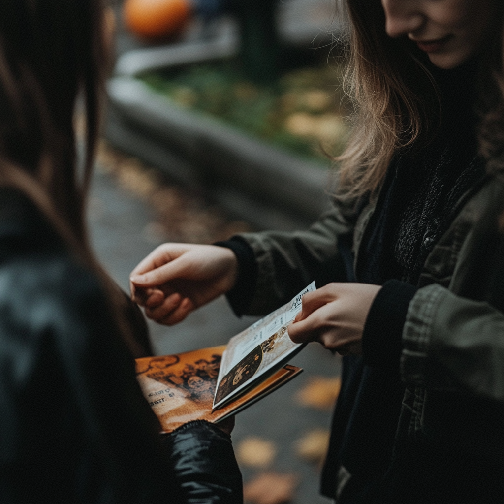 A woman handing out Halloween pamphlets | Source: Midjourney