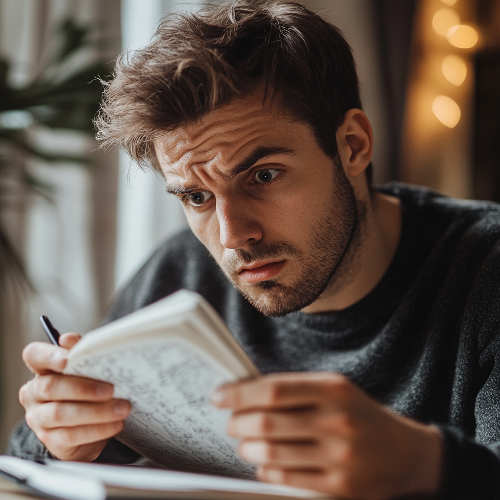 A bewildered man looking at a notebook | Source: Midjourney