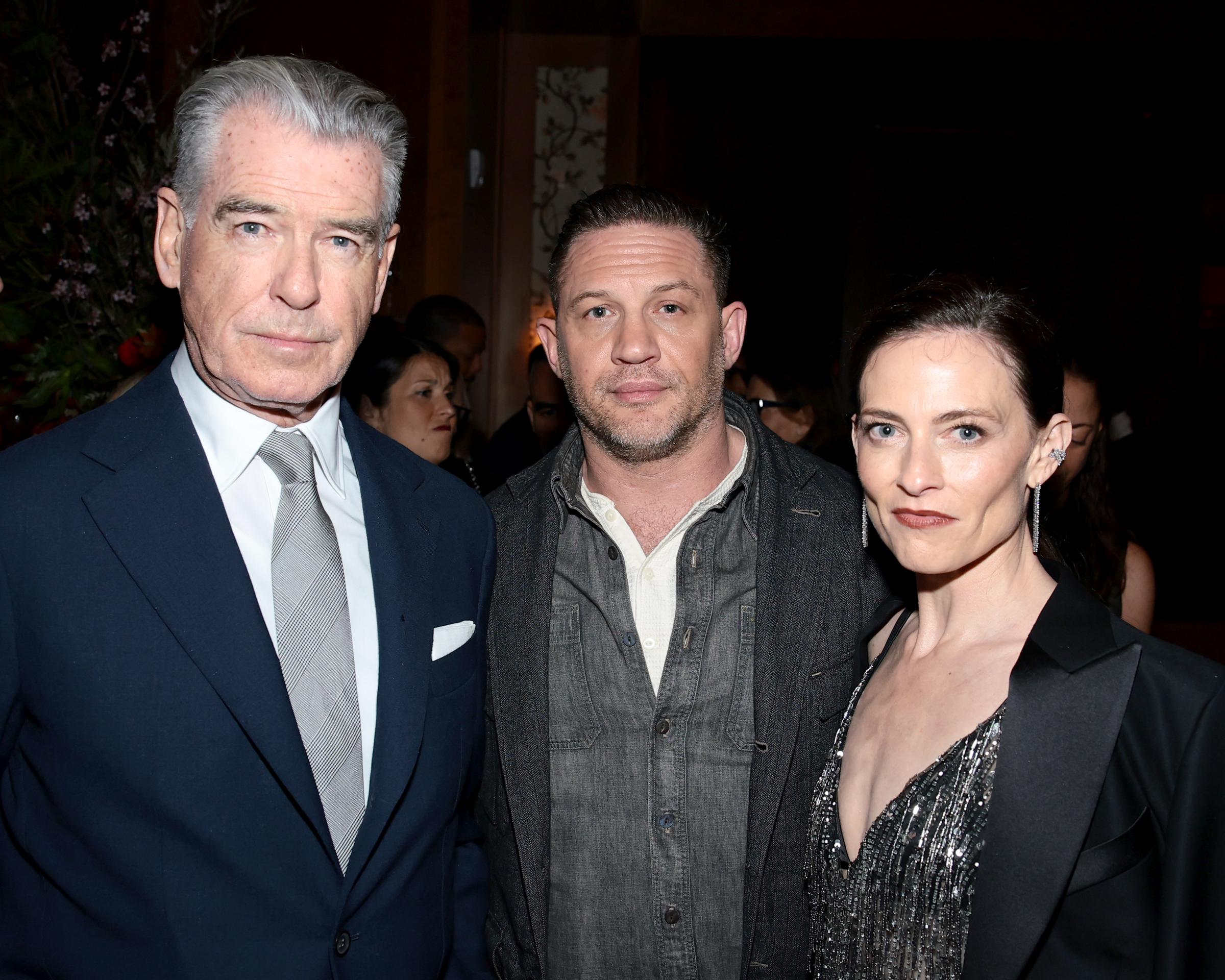 Pierce Brosnan, Tom Hardy and Lara Pulver attend the MobLand Premiere after party at The Twenty-Two on March 31, 2025 in New York City | Source: Getty Images