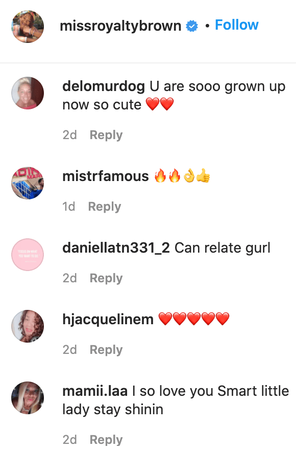 Fans' comments on Royalty Brown's photo. | Source: Instagram/missroyaltybrown