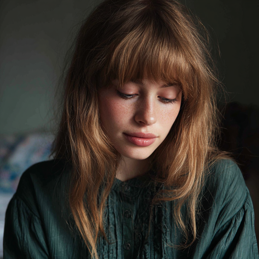 An emotional woman wearing a green blouse | Source: Midjourney