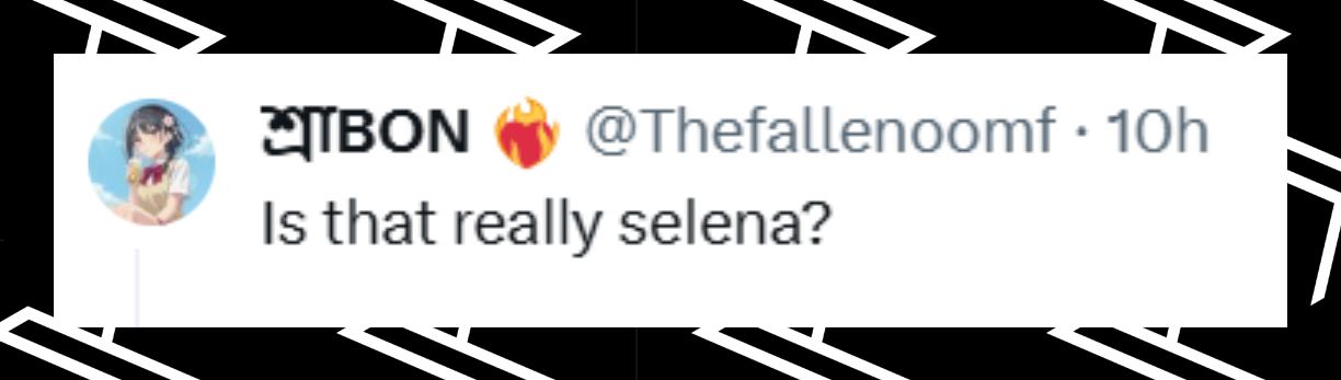 A netizen's comment about Selena Gomez's apeparance with Taylor Swift at the Houston Texas vs. Kansas City Chiefs game on December 7, 2025 | Source: X/Thefallenoomf