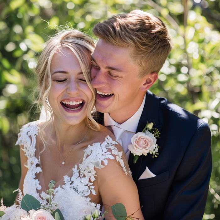 A bride and groom laughing | Source: Midjourney