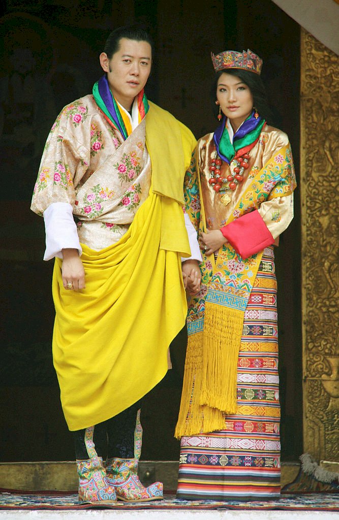 PUNAKAH, Bhutan - Photo shows Jigme Khesar Namgyel Wangchuck (L), the 31-year-old king of Bhutan, and his commoner bride Jetsun Pema, 21, who held their wedding ceremony in Punakha, western Bhutan, on Oct. 13, 2011. (Photo by Kyodo News Stills via Getty Images)