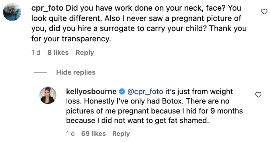 A comment left on a post showing Kelly Osbourne's weight loss in 2023 | Source: instagram.com/kellyosbourne/