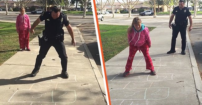 Photo of two cops trying to teach a girl how to play hopscotch. | Photo: facebook.com/HBPoliceDept