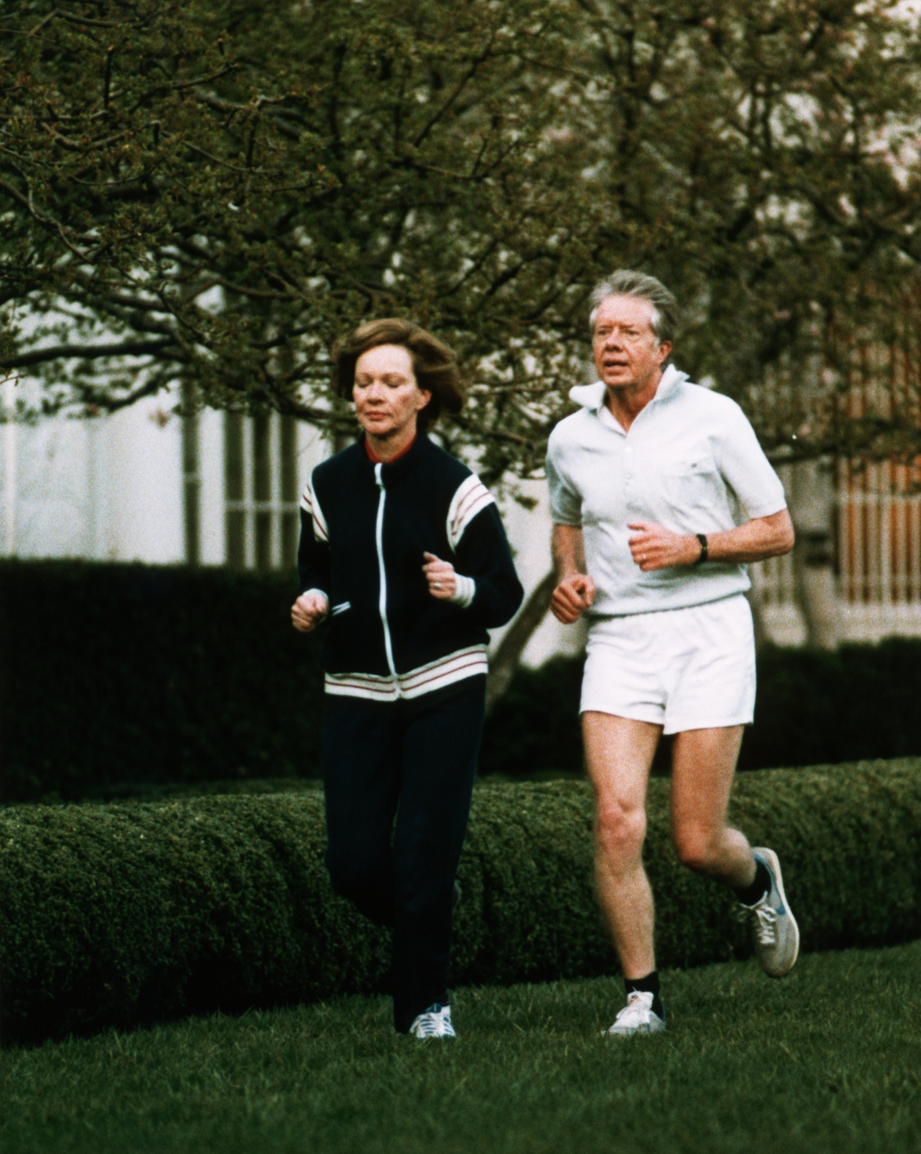 Rosalynn and Jimmy Carter go for a jog in Washington, D.C., on March 16, 1979. | Source: Getty Images