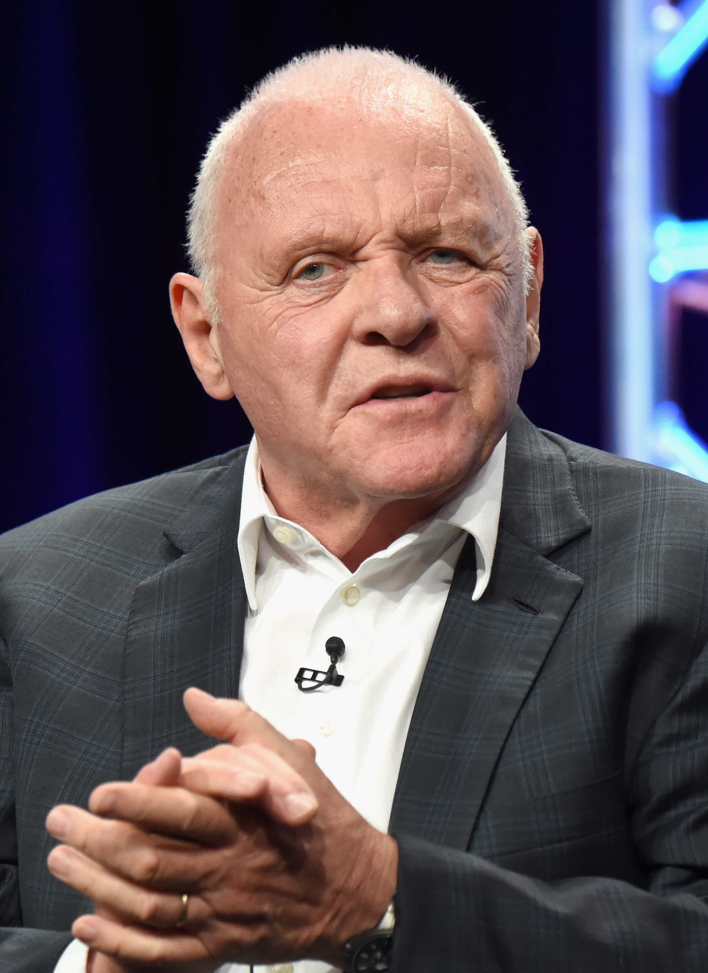 Anthony Hopkins takes the stage and addresses the audience during the "Westworld" panel discussion at the HBO segment of the 2016 Television Critics Association Summer Tour. | Source: Getty Images
