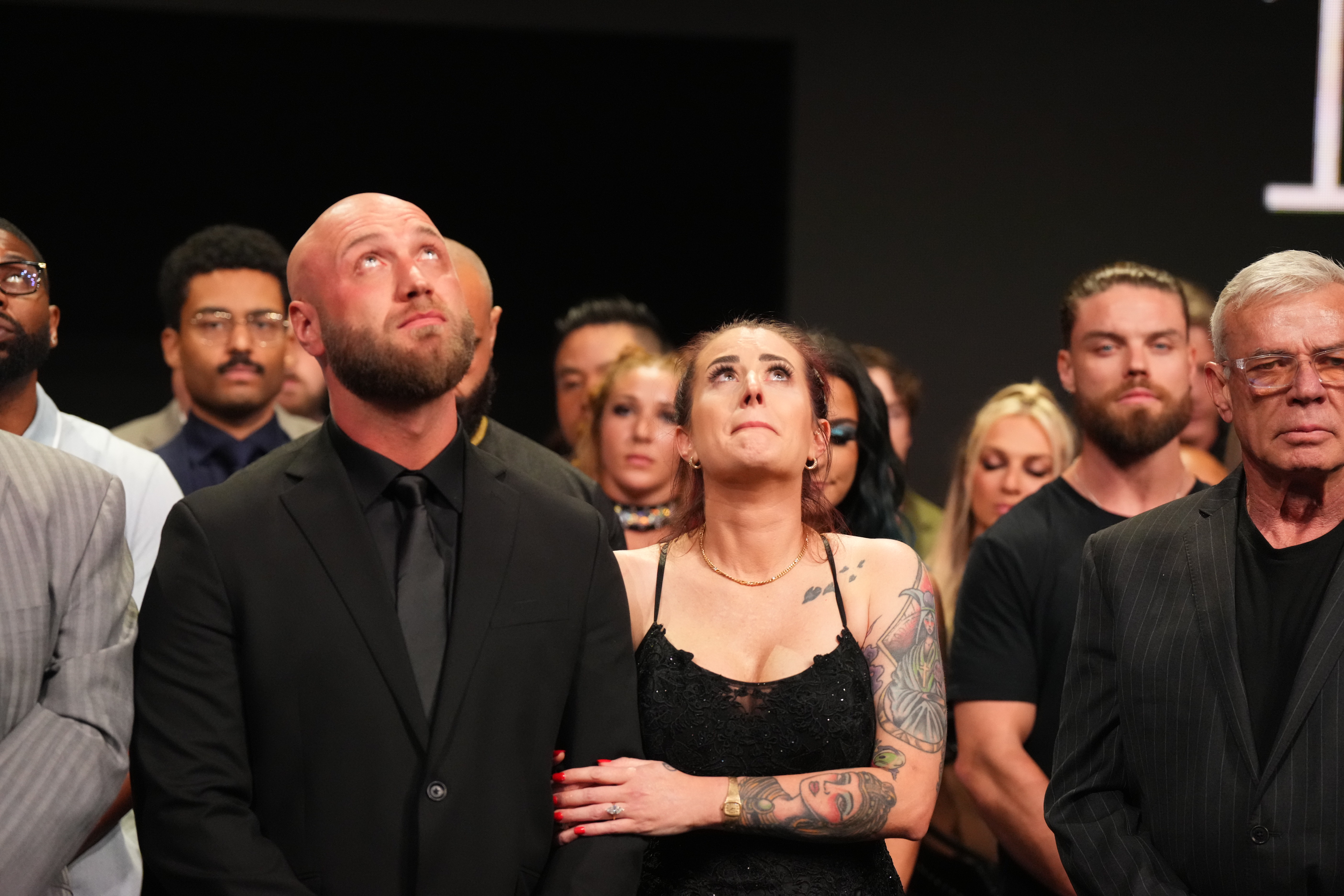 WWE Talent and Legends, Nick Hogan and Tana Lea during a tribute to Hulk Hogan on "Monday Night RAW" at Little Caesars Arena on July 28, 2025, in Detroit, Michigan | Source: Getty Images