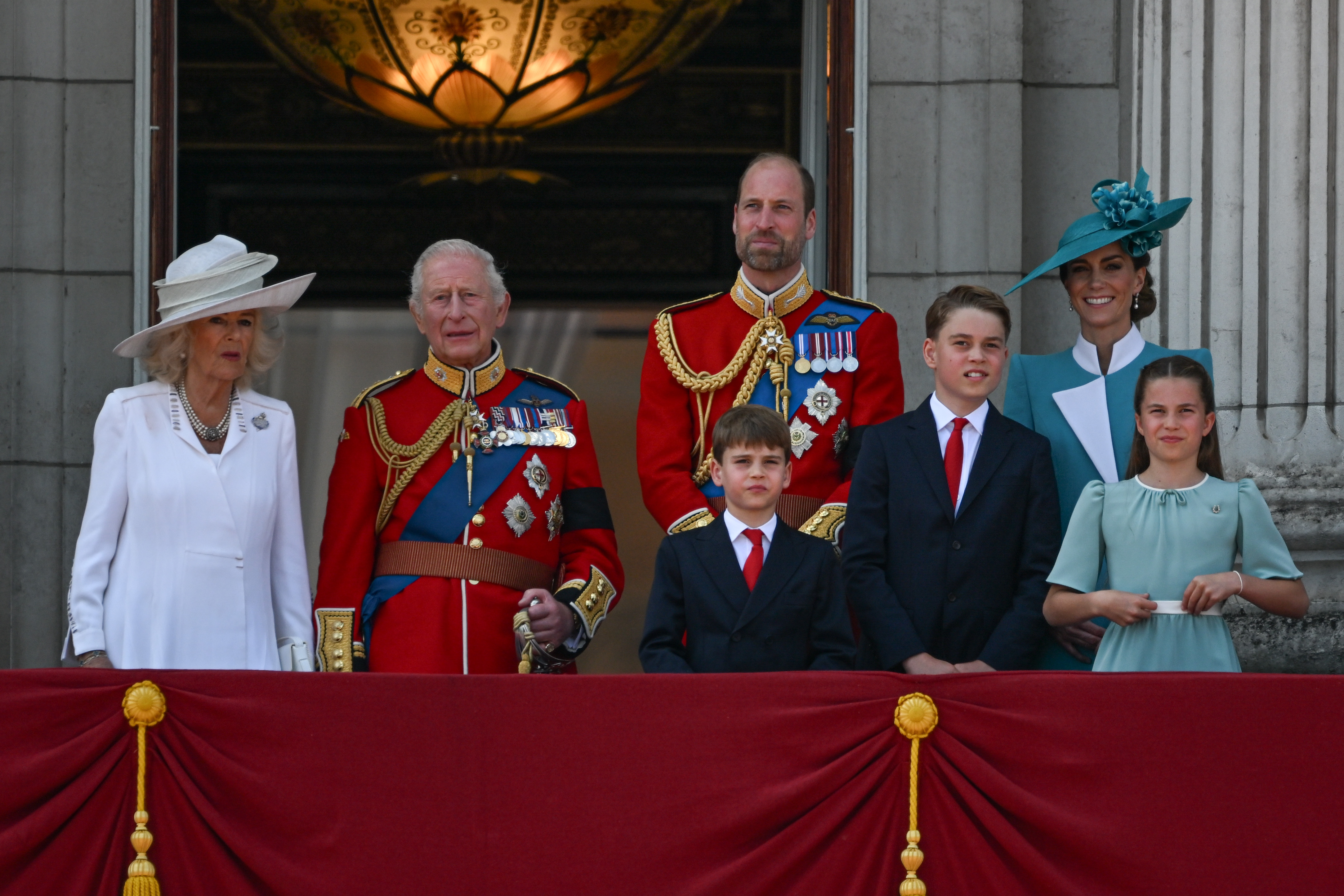 Queen Camilla, King Charles III, Prince William, Prince Louis, Prince George, Princess Catherine, and Princess Charlotte at the Trooping the Colour parade in London, England on June 14, 2025. | Source: Getty Images