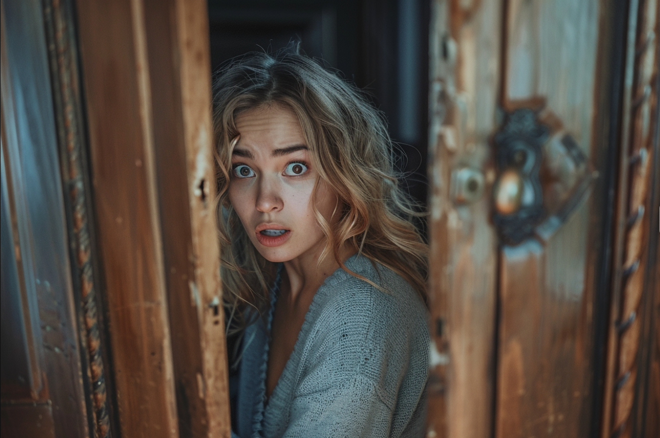 A shocked woman trying to block a doorway | Source: Midjourney