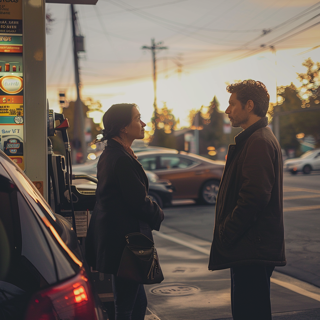 Daina having a conversation with a man at a filling station | Source: Midjourney