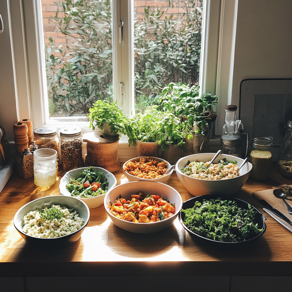 Vegetarian meals on a counter | Source: Midjourney