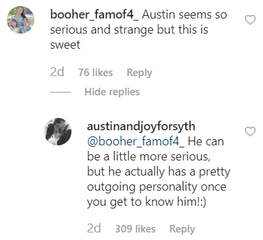 Screenshot of a comment on Joy-Anna Dugar's post on Instagram | Photo: Instagram/@austinandjoyforsyth