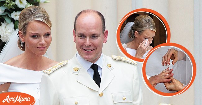 [Left] Princess Charlene and her husband, Prince Allbert II; [Middle] Princess Charlene in tears on her wedding day; [Right] A picture of the couple exchanging rings | Source: Getty Images