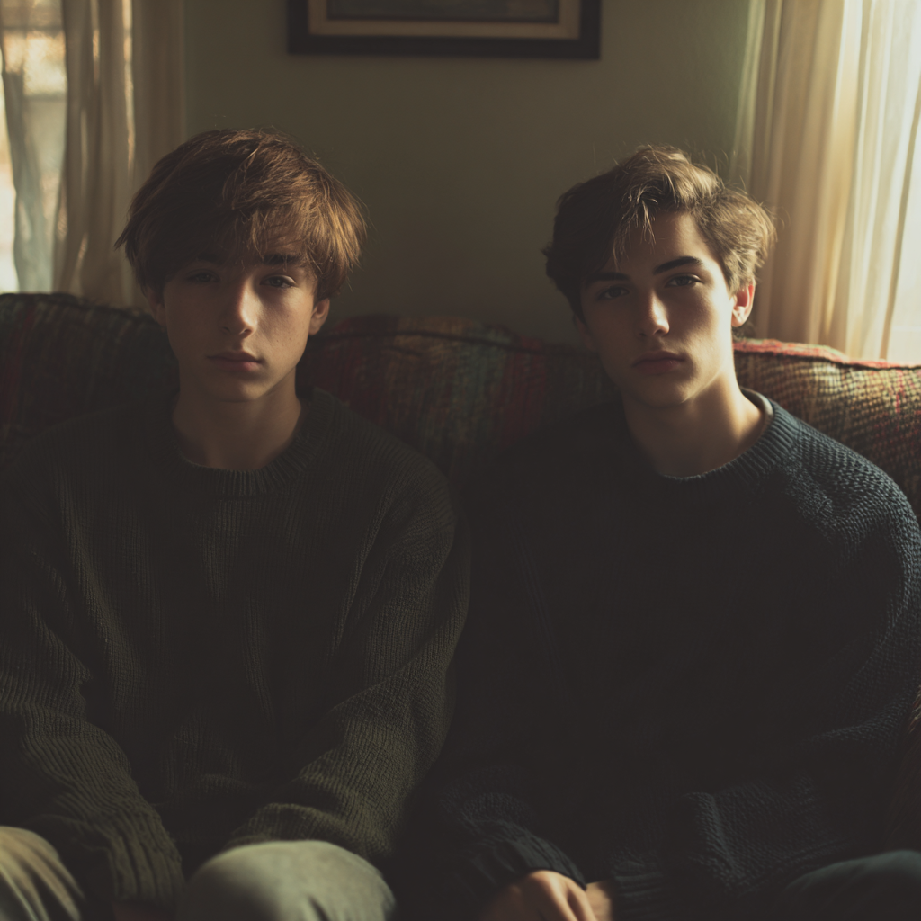 Twin boys sitting on a couch | Source: Midjourney