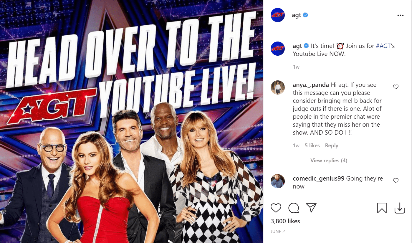 A screenshot of America's Got Talent's post on their Instagram page | Photo: instagram.com/agt