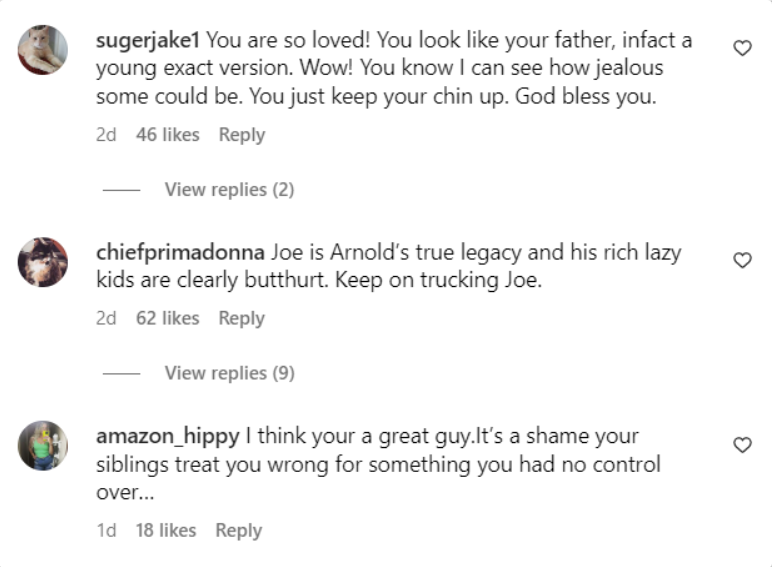 Fan comments on Joseph Baena's Instagram post at Arnold Schwarzenegger's Los Angeles, California premiere of "FUBAR" on May 22, 2023 | Source: Instagram/joebaena