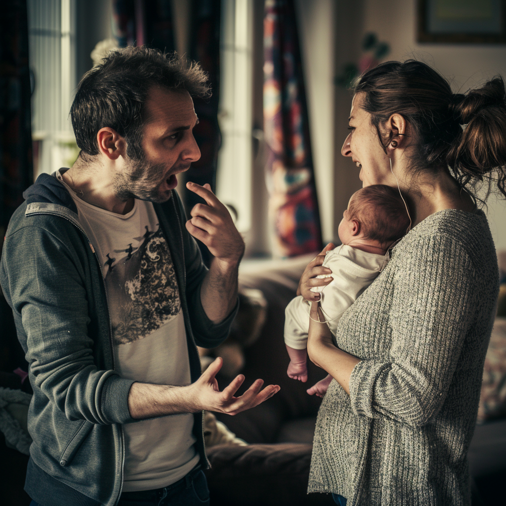 Sarah holding a baby while talking to Tom | Source: Midjourney