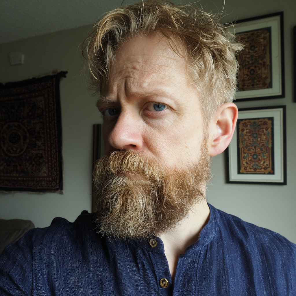 A frowning man wearing a navy linen shirt | Source: Midjourney