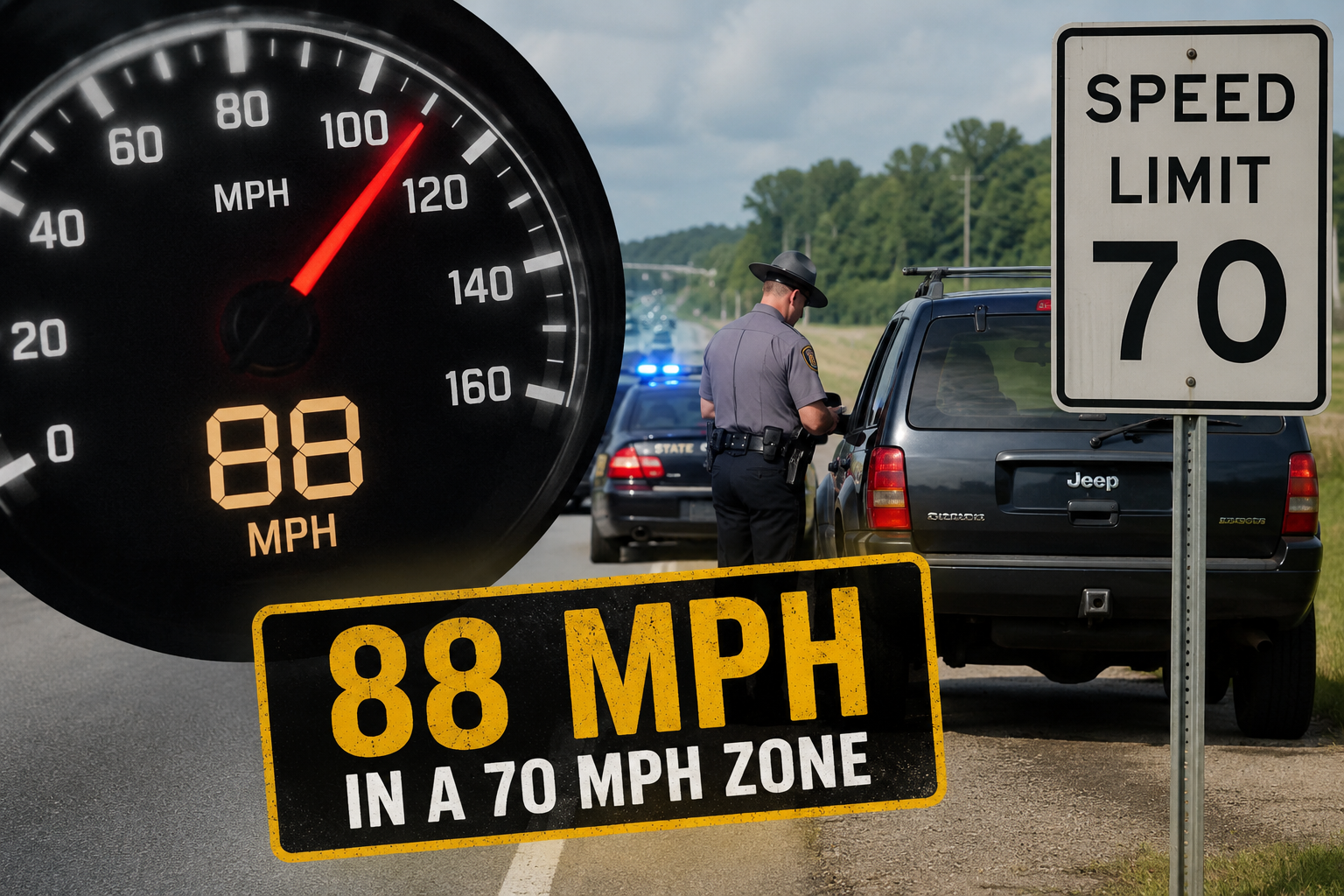 An illustration depicts a vehicle traveling 88 mph in a 70 mph zone, the speeding allegation that led to Jennifer Schmitt Belichick's required court appearance in North Carolina. | Source: ChatGPT