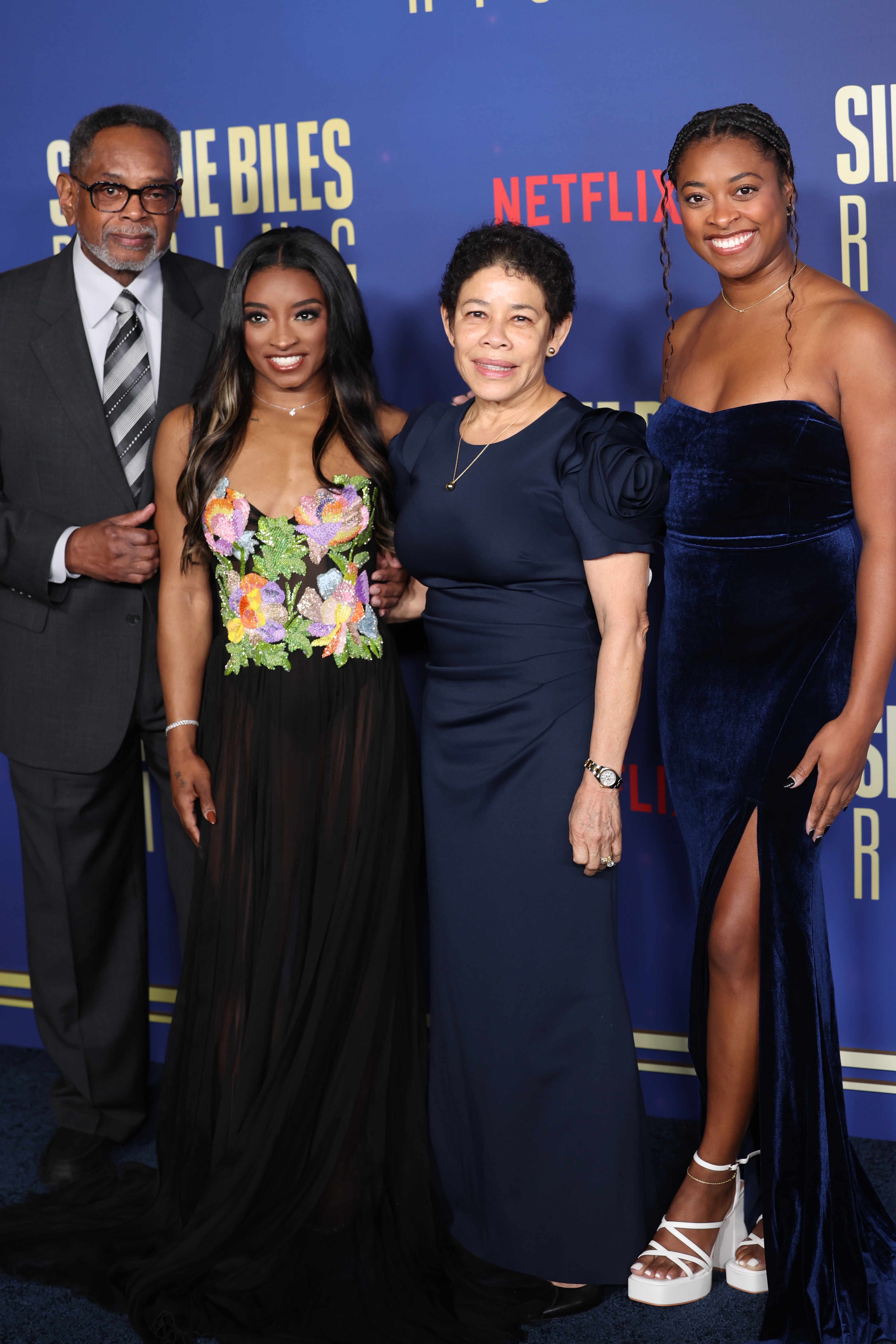 Ron Biles, Simone Biles, Nellie Biles, and Adria Biles attend the Los Angeles premiere of Netflix's "Simone Biles Rising: Part 2" at The Egyptian Theatre Hollywood in Los Angeles, California, on October 23, 2024 | Source: Getty Images