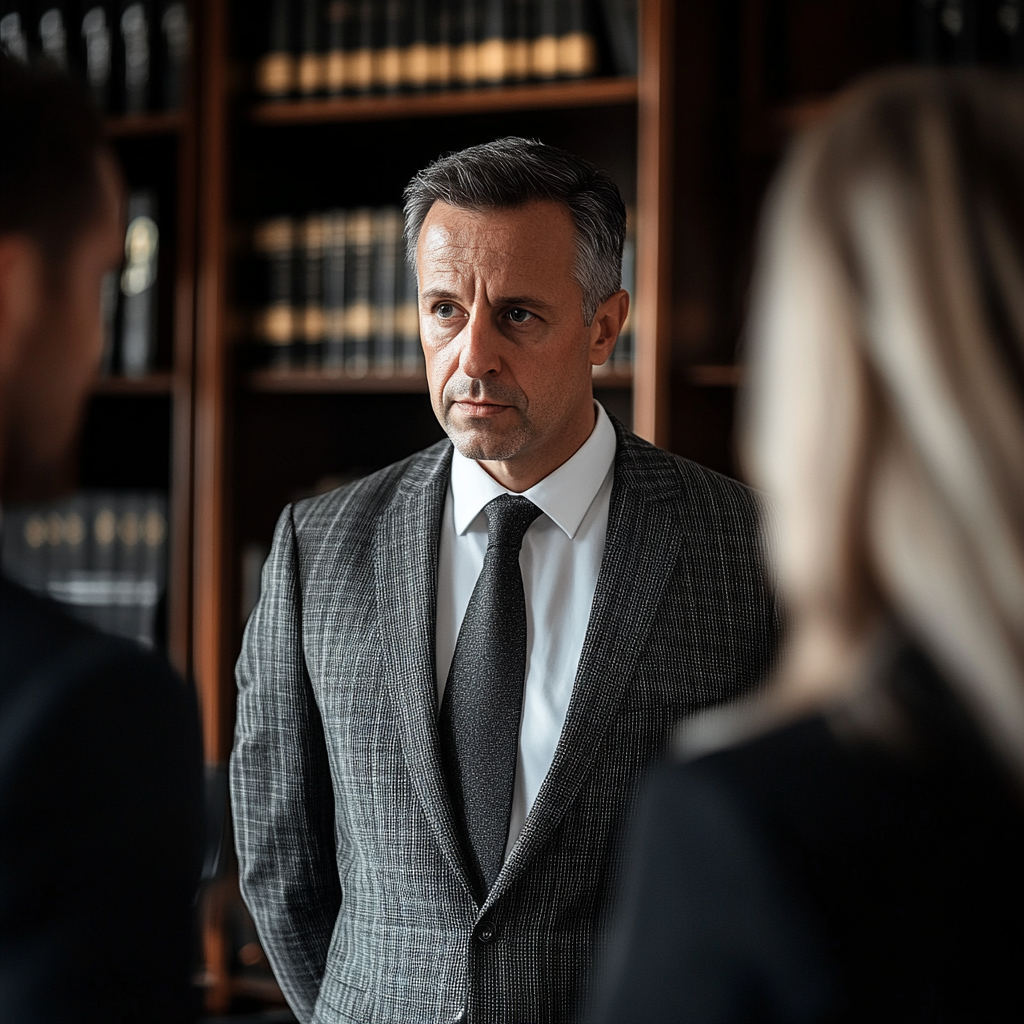 A lawyer standing in his office looking at the people in front of him | Source: Midjourney