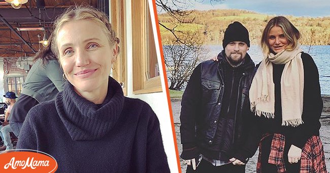 Photo of actress Cameron Diaz at a restaurant. [Left] | Cameron Diaz in a photo with her husband Benji Madden. [Right] | Photo: Getty Images