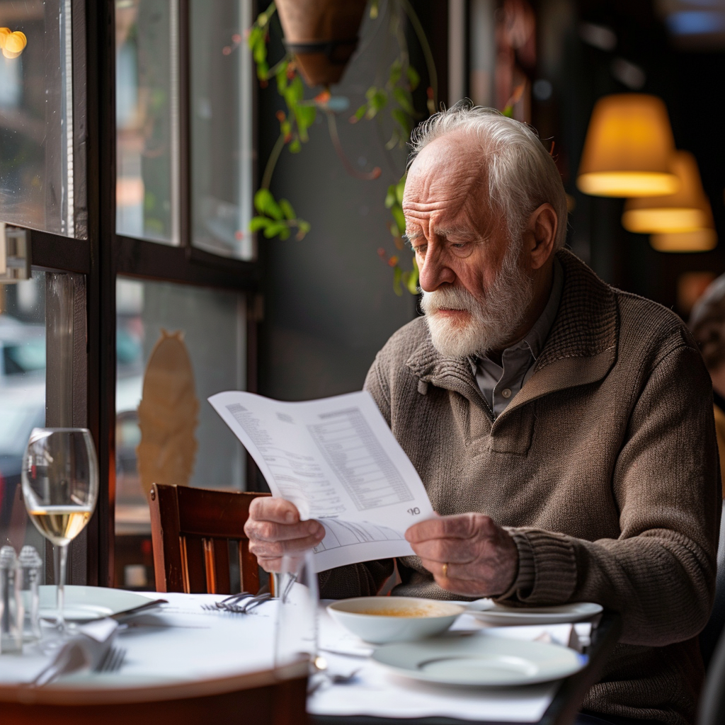 Elderly man looking at the bill | Source: Midjourney