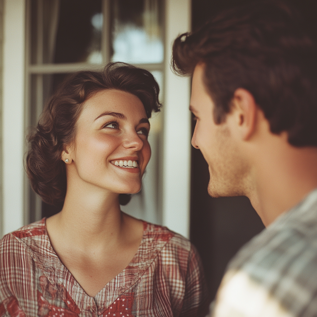 A closeup of a happy couple standing on the front porch of their home | Source: Midjourney