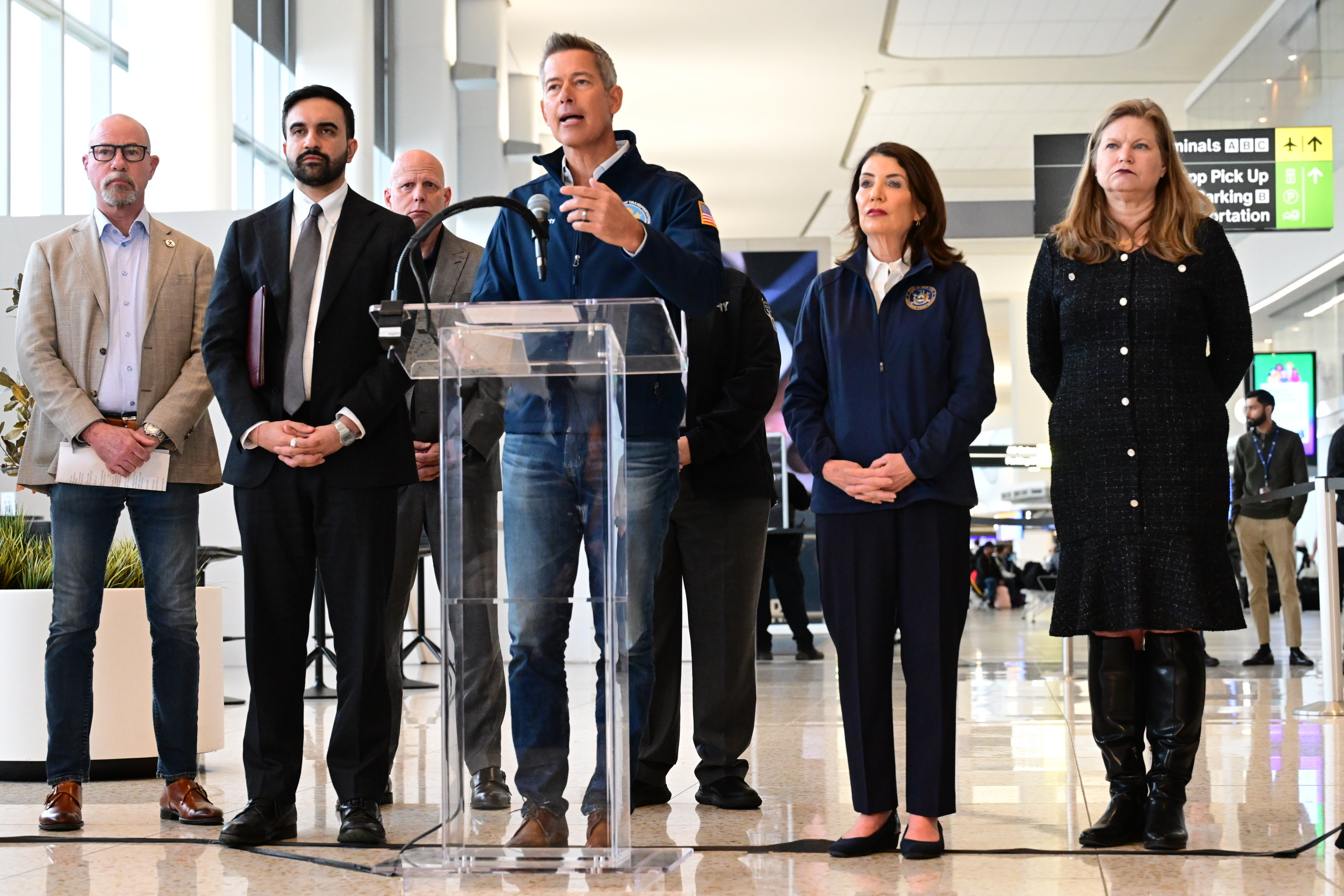 U.S. Transportation Secretary Sean Duffy speaks at a press conference following the collision of an Air Canada jet and a Port Authority fire truck on the runway at LaGuardia Airport in New York on March 23, 2026. | Source: Getty Images