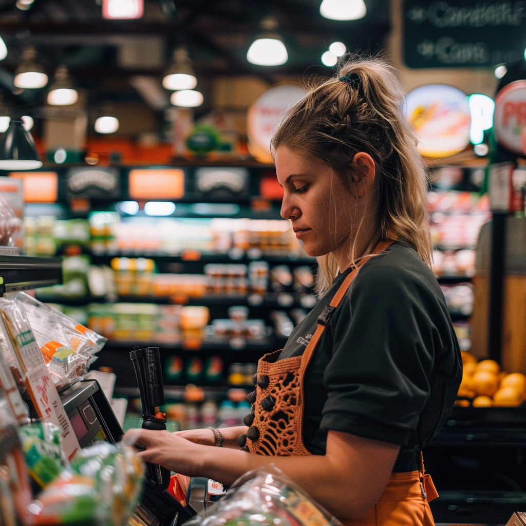 A cashier at a grocery store | Source: Midjourney