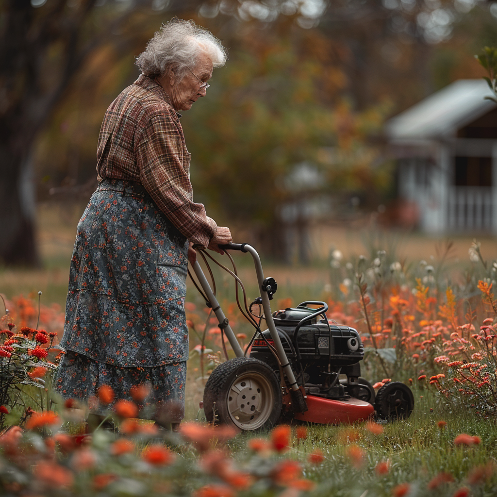 Grandmother mowes the lawn | Source: Midjourney