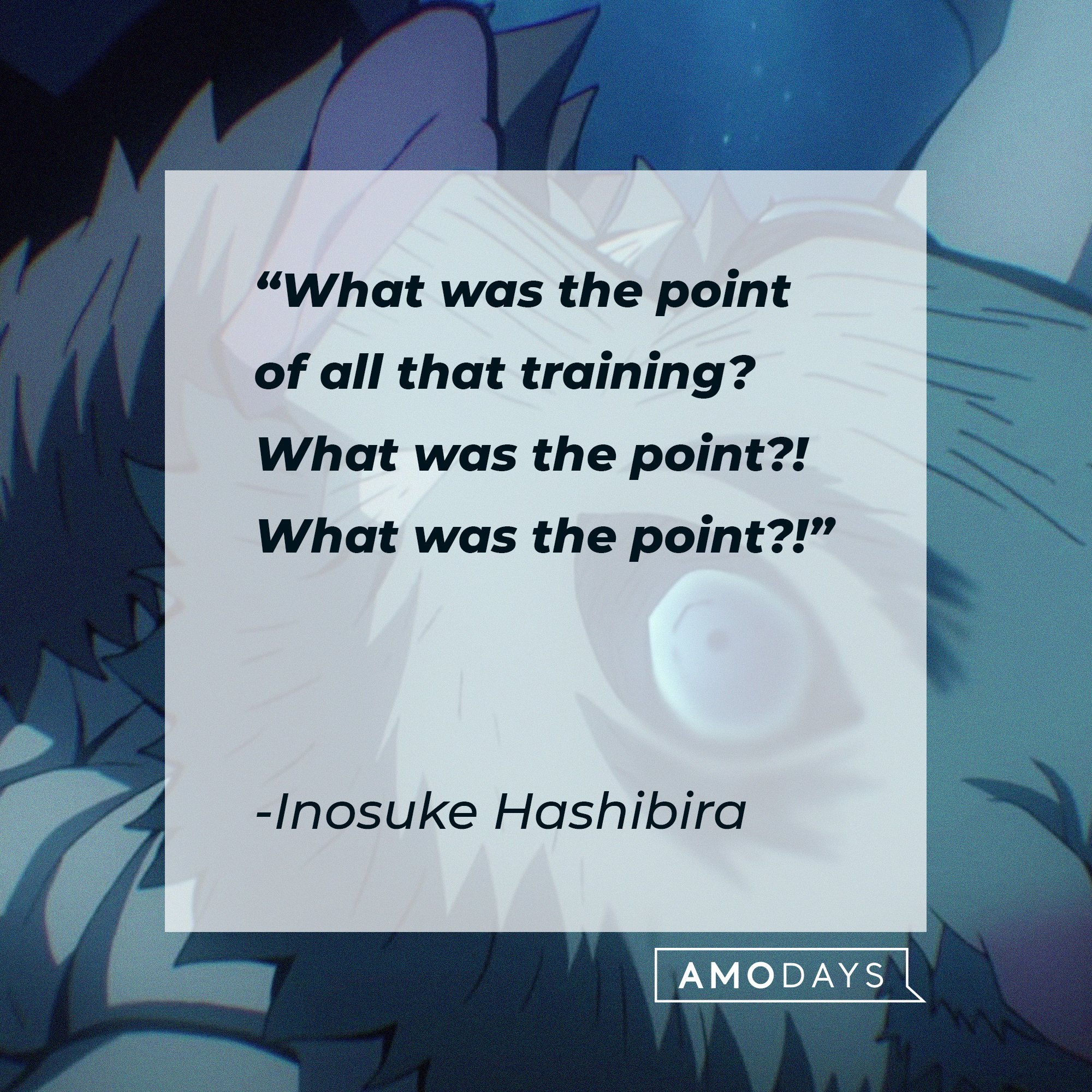  Inosuke Hashibira’s quote: "What was the point of all that training? What was the point?! What was the point?!" | Image: AmoDays