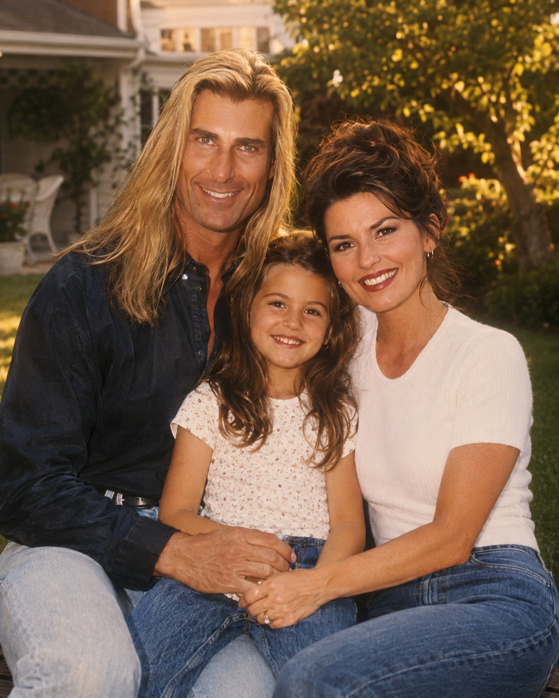 An AI-imagined family portrait shows Fabio and Shania Twain sitting outdoors with their young daughter, dressed in casual denim and simple shirts that evoke a relaxed celebrity lifestyle layout. | Source: ChatGPT