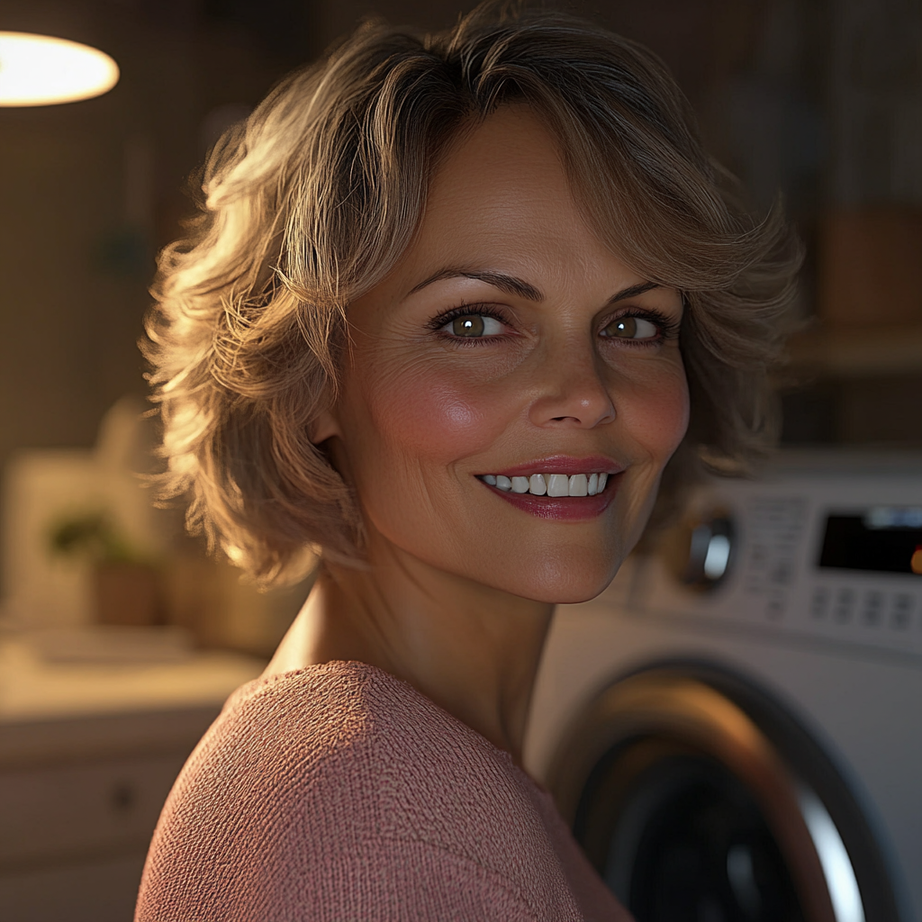 A smiling senior woman standing near a washing machine | Source: Midjourney