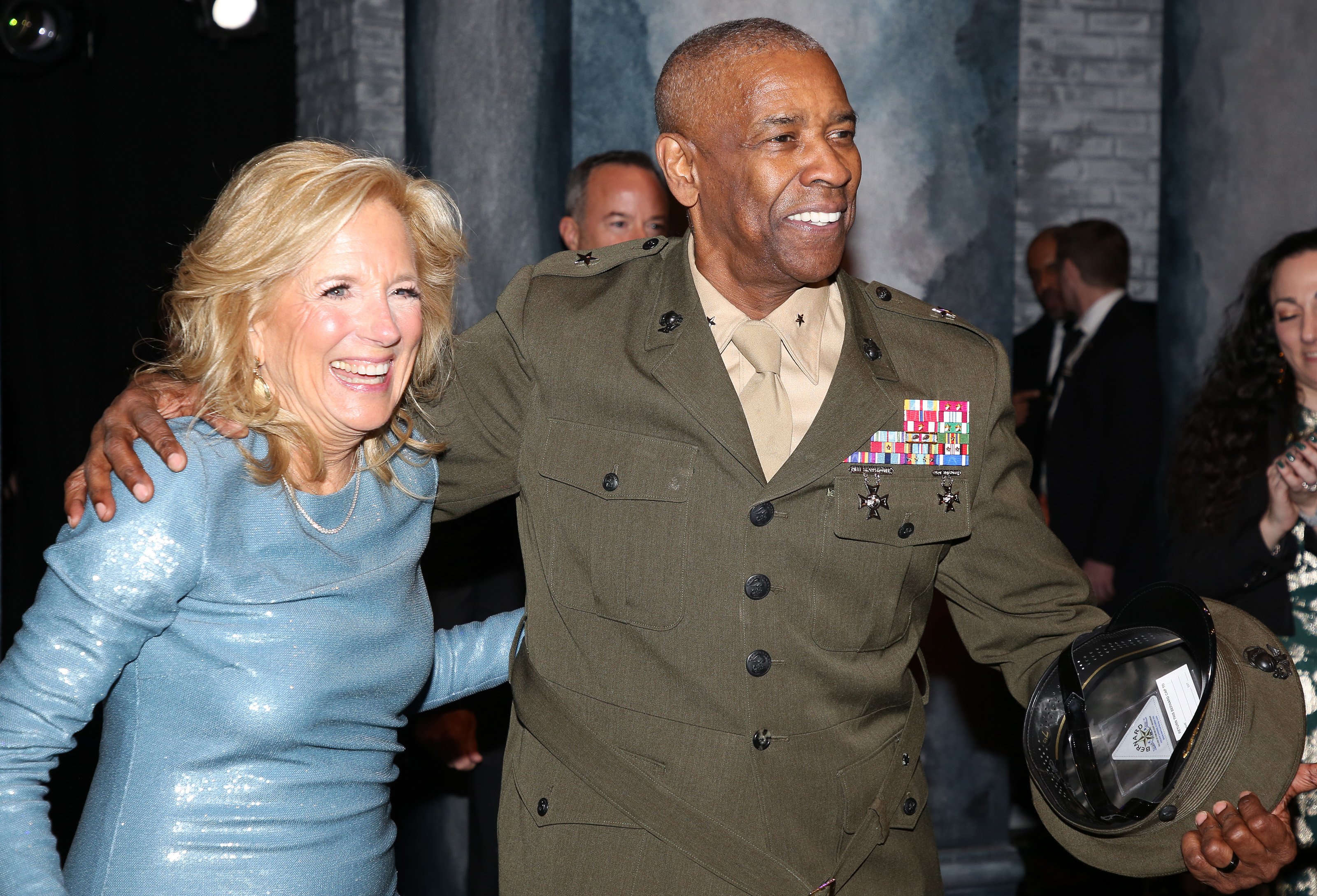 Dr. Jill Biden and Denzel Washington backstage on the opening night of "Othello" on Broadway at The Barrymore Theatre, on March 23, 2025 | Source: Getty Images