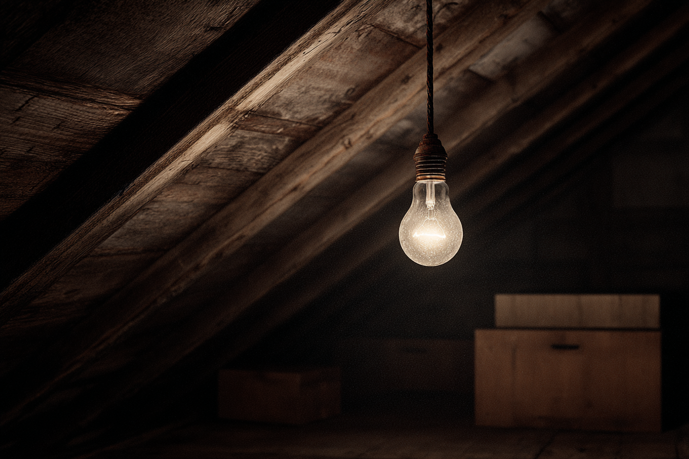 A lightbulb hanging from an attic ceiling | Source: Midjourney