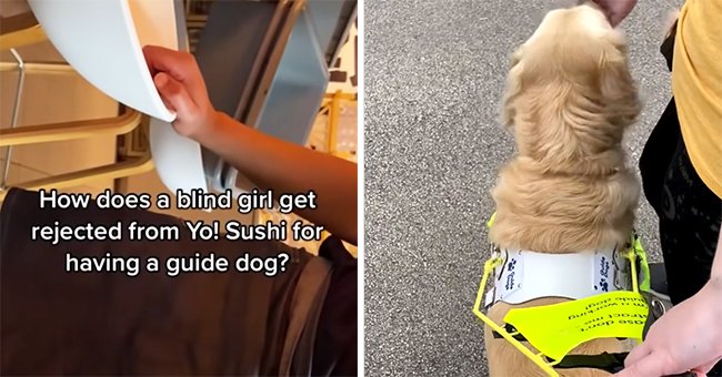A blind woman records a restaurant worker as he tries to bar her guide dog from the premises | Photo: Youtube/Lucy Edwards