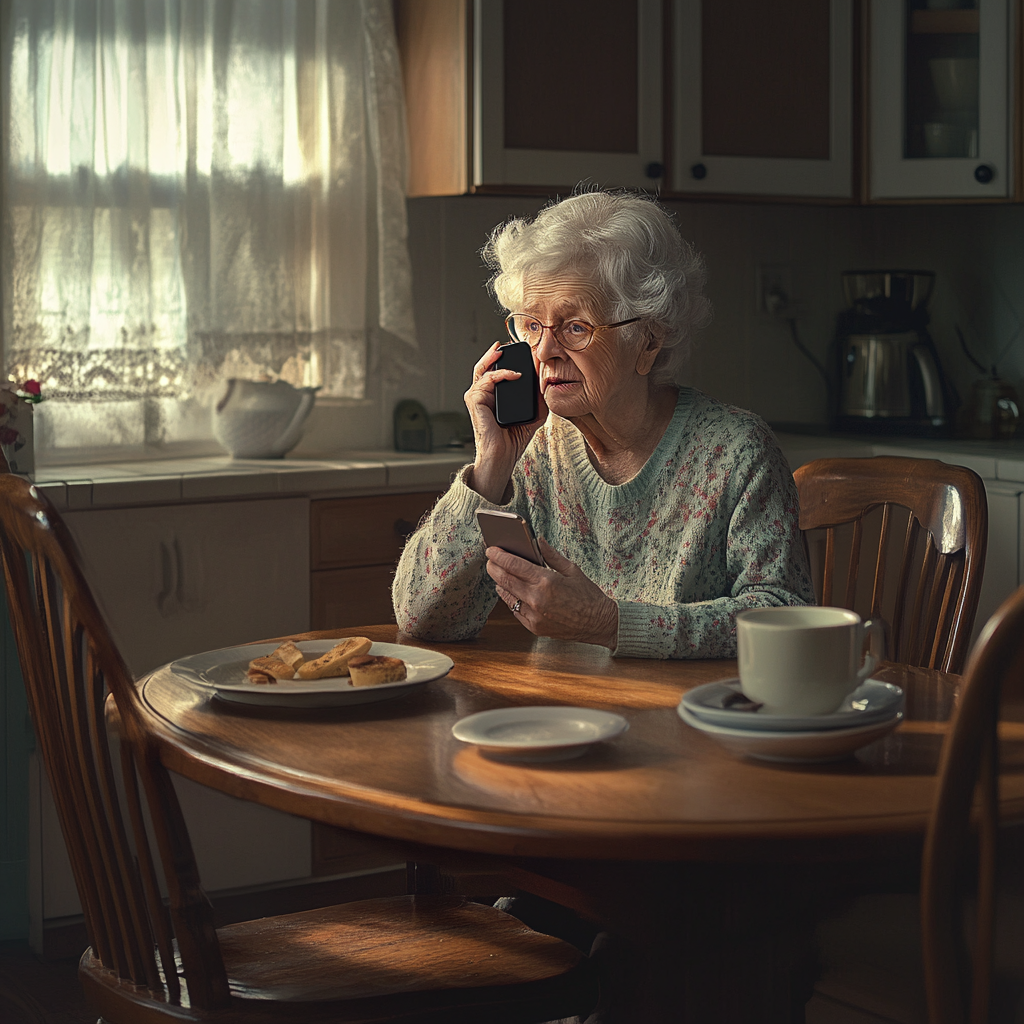 An elderly woman talking on her phone | Source: Midjourney