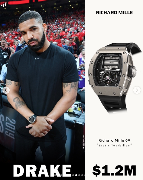 In an Instagram post dated July 8, 2026, Drake is pictured wearing his Richard Mille RM 69 Tourbillon Erotic. An image alongside highlights the luxury timepiece, which has been valued at around $1.2 million. | Source: Instagram/watchopea