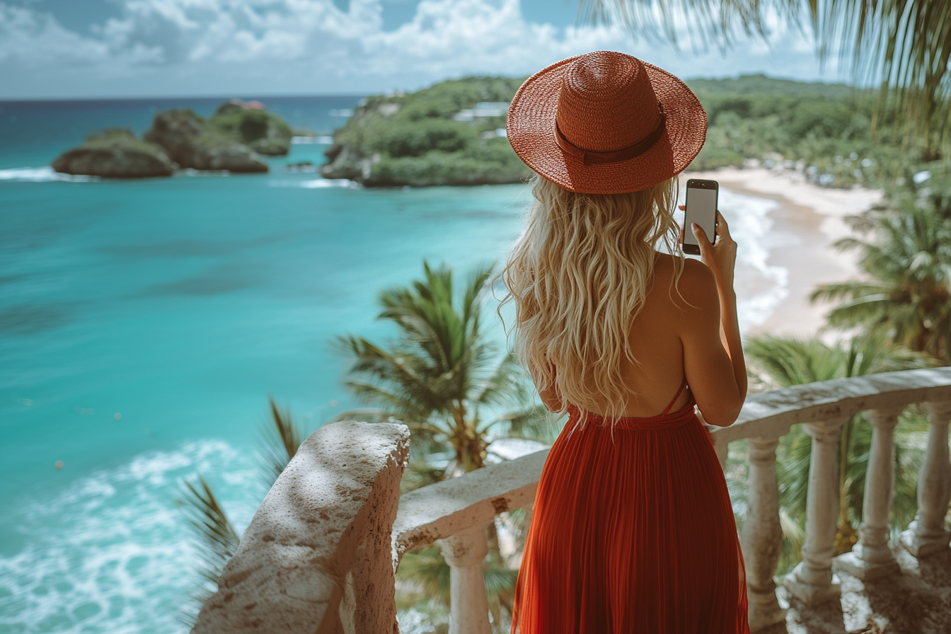 Woman texts on her phone at a resort | Source: Midjourney