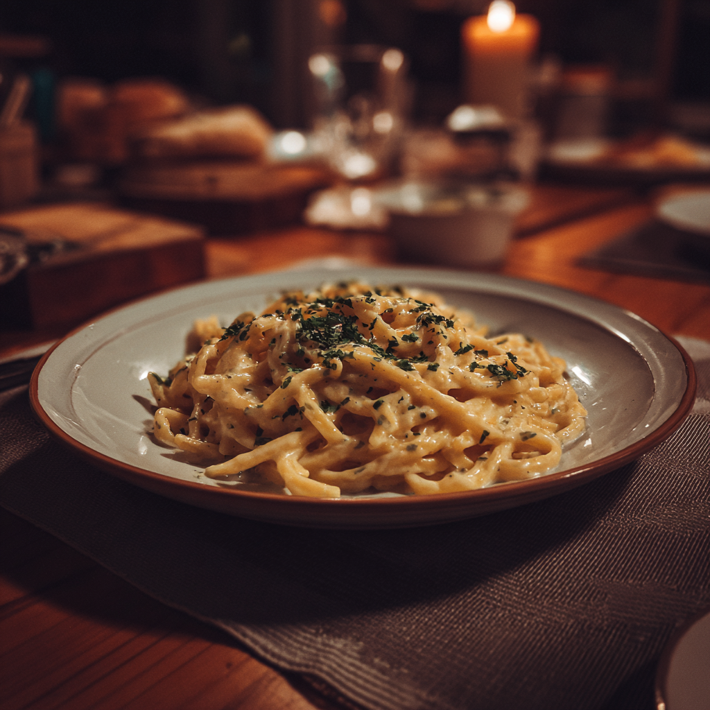 A plate of pasta on a table | Source: Midjourney