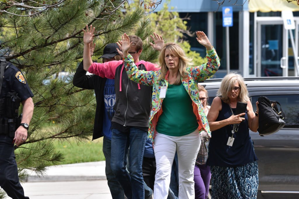 Students and teachers exiting a building at the STEM School Highlands Ranch on May 7, 2019. Photo: Getty Images