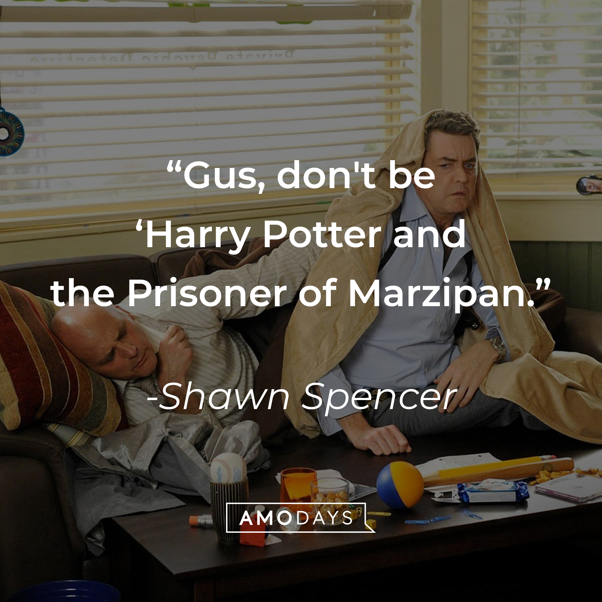 Two characters from" Psyche", with Shawn Spencer’s quote:“Gus, don't be ‘Harry Potter and the Prisoner of Marzipan.’” | Source: facebook.com/PsychPeacock