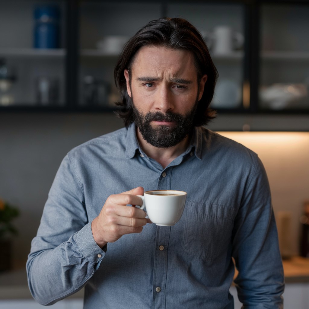 A man holding a cup of coffee in a kitchen, looking sad | Source: Midjourney